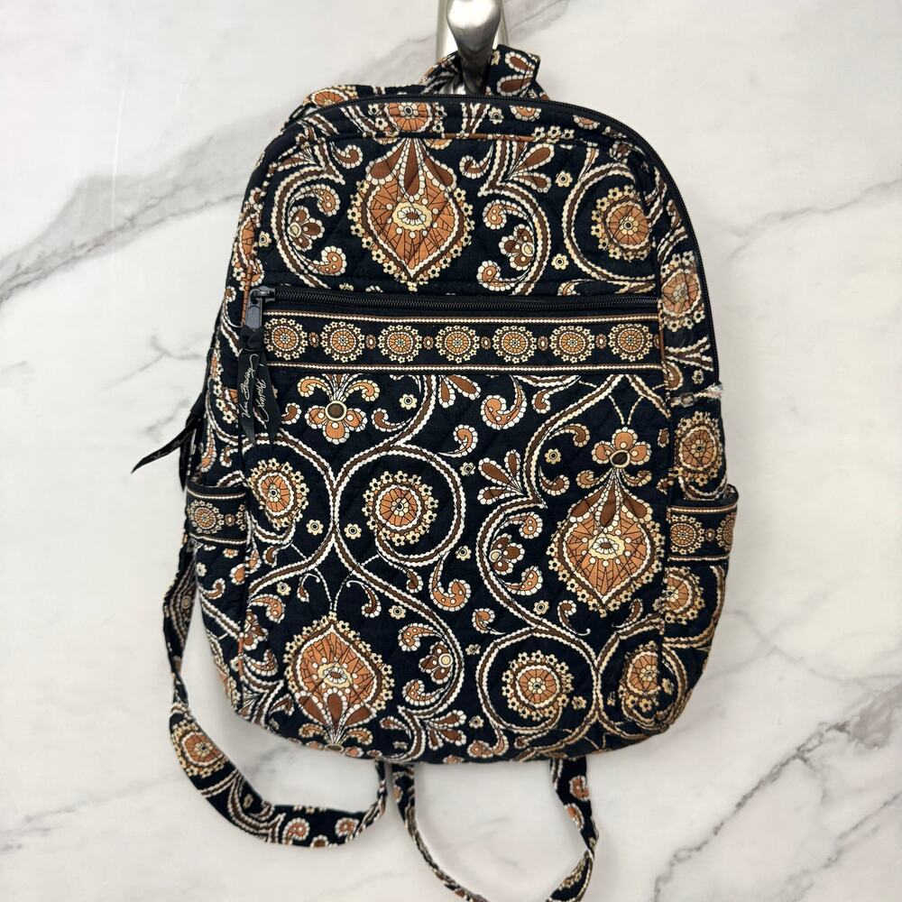 Vera Bradley Backpack Cafe Latte Cotton Quilted Paisley School Travel Black